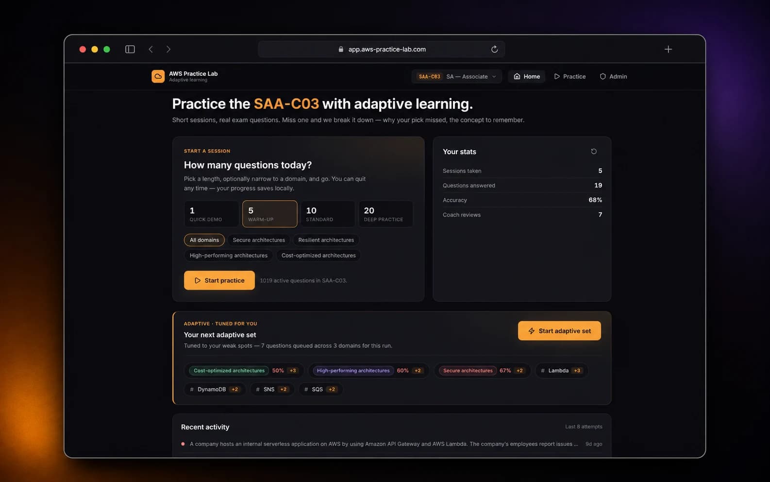 Panel de AWS Study con progreso, dominios y una sesión adaptativa sugerida.