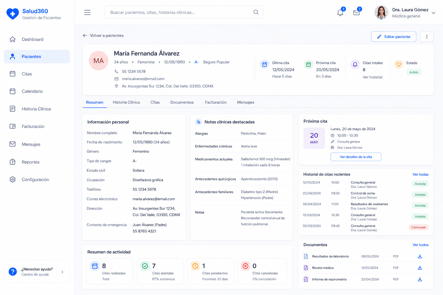 Expediente clínico del paciente con datos personales, notas clínicas, próxima cita y documentos